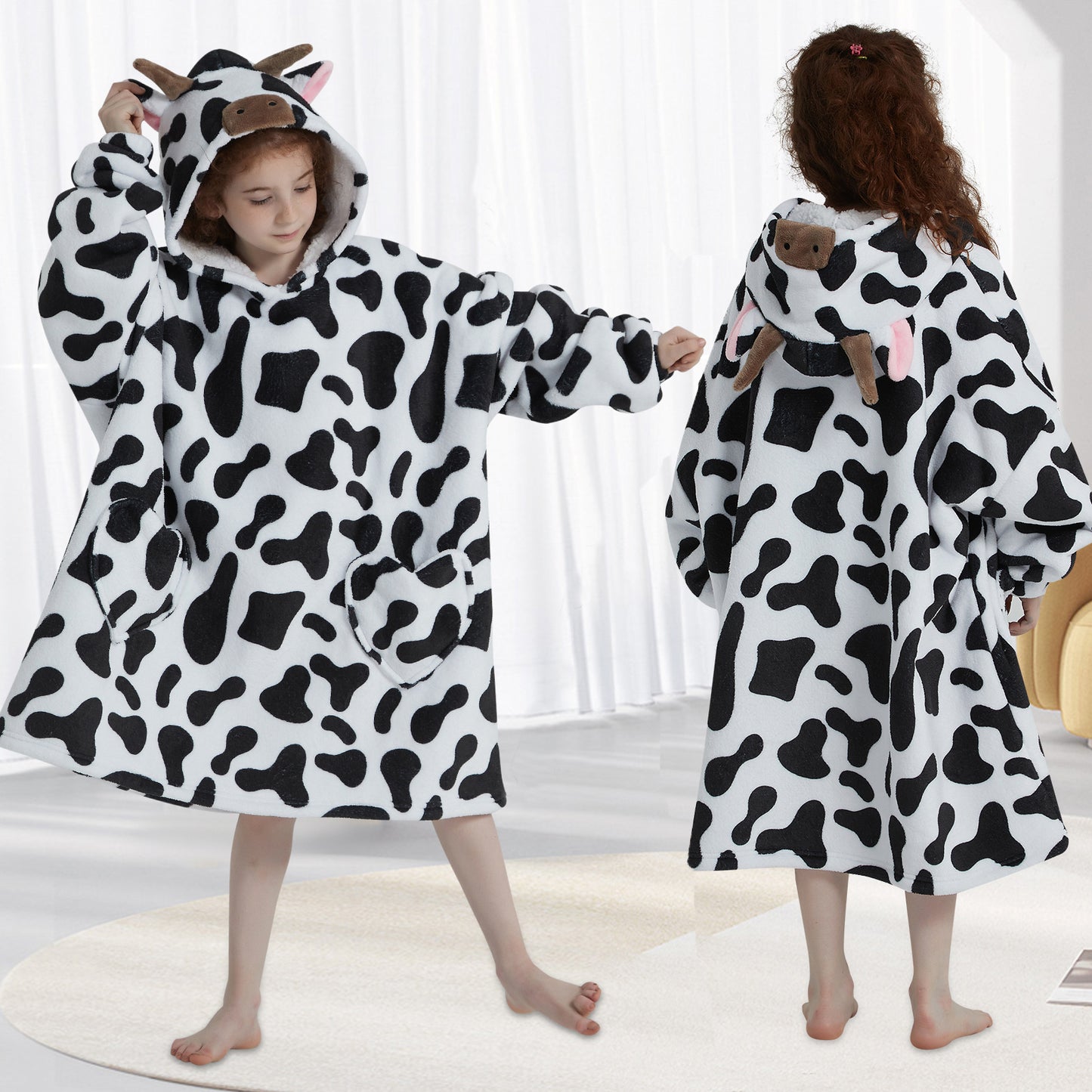 Mewkou Cow Print Wearable Blanket Hoodie for Kids 6-13YR,Oversized Sherpa Hooded Wearable Blanket Sweatshirt with Pockets,Gifts for Girls Boys Teens Birthday Christmas