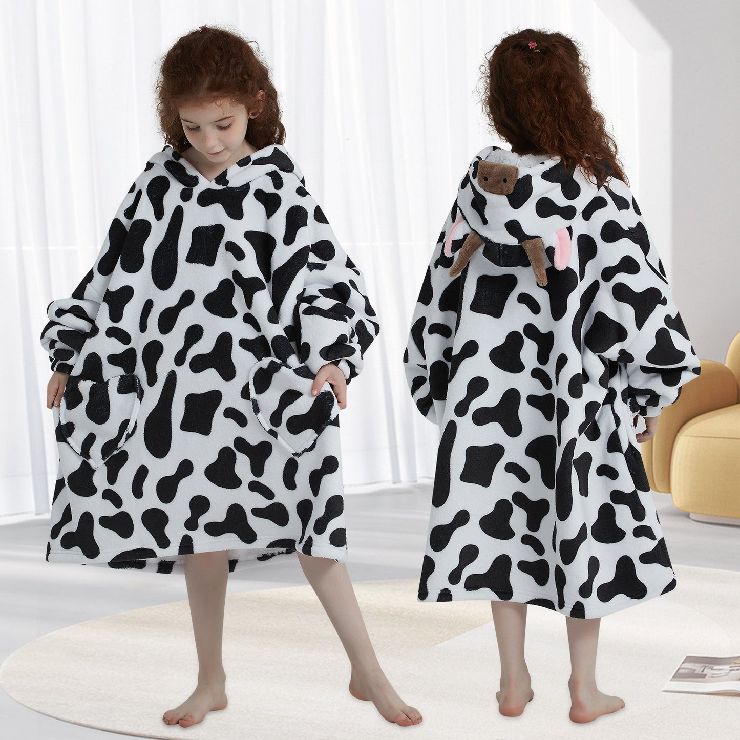 Mewkou Cow Print Wearable Blanket Hoodie for Kids 6-13YR,Oversized Sherpa Hooded Wearable Blanket Sweatshirt with Pockets,Gifts for Girls Boys Teens Birthday Christmas
