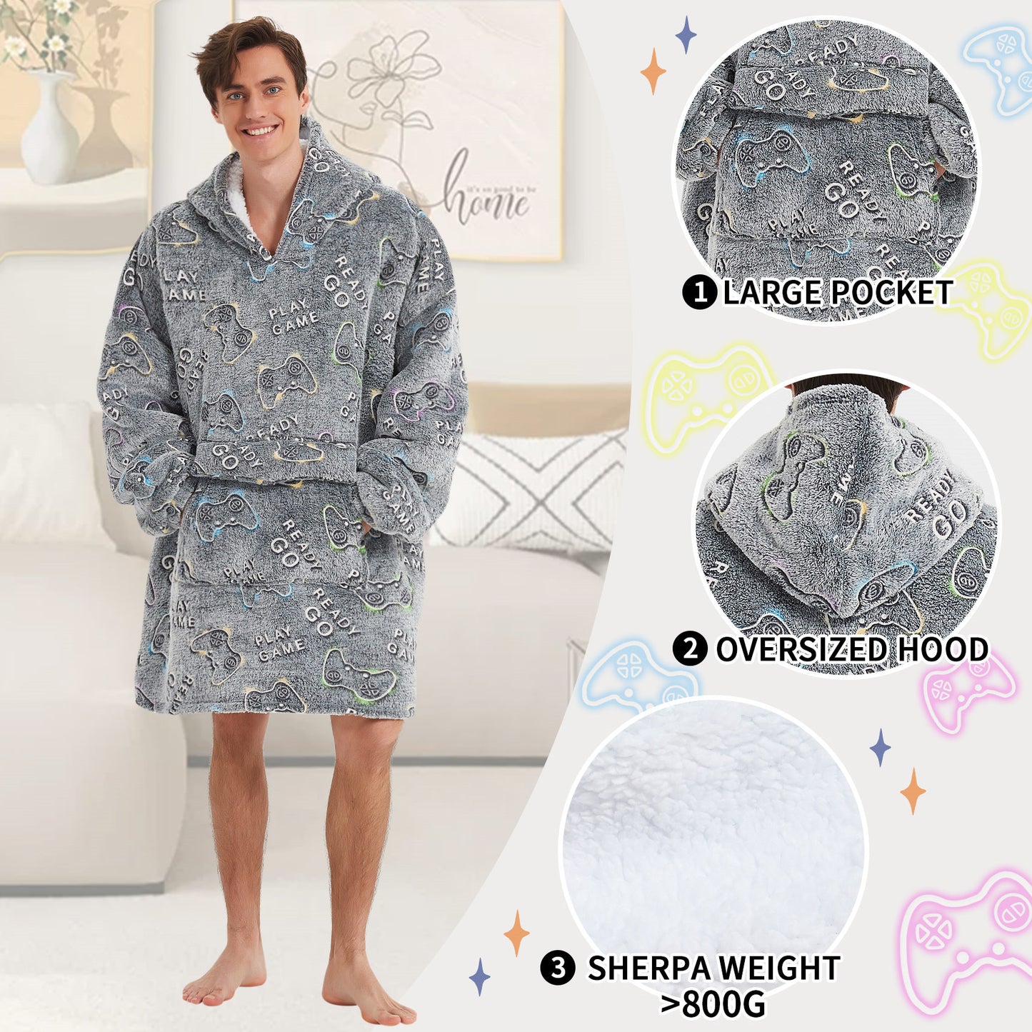 Glow in The Dark Game Controller Wearable Blanket Hoodie for Men Women,Oversized Sherpa Sweatshirt Wearable Blanket Hoodie with Giant Pocket,Super Warm Soft Flannel Hooded Blanket,Gamer