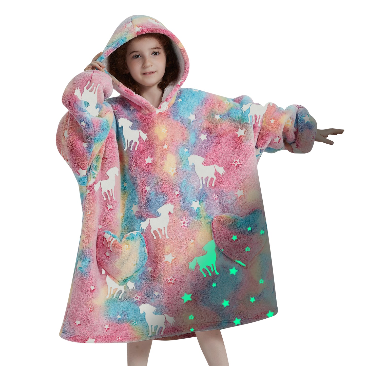 Mewkou Glow in The Dark Rainbow Unicorns Wearable Blanket Hoodie for Kids 6-13YR,Oversized Hooded Wearable Blanket Sweatshirt with Pockets,Gifts for Kids Girls Teens Birthday Christmas