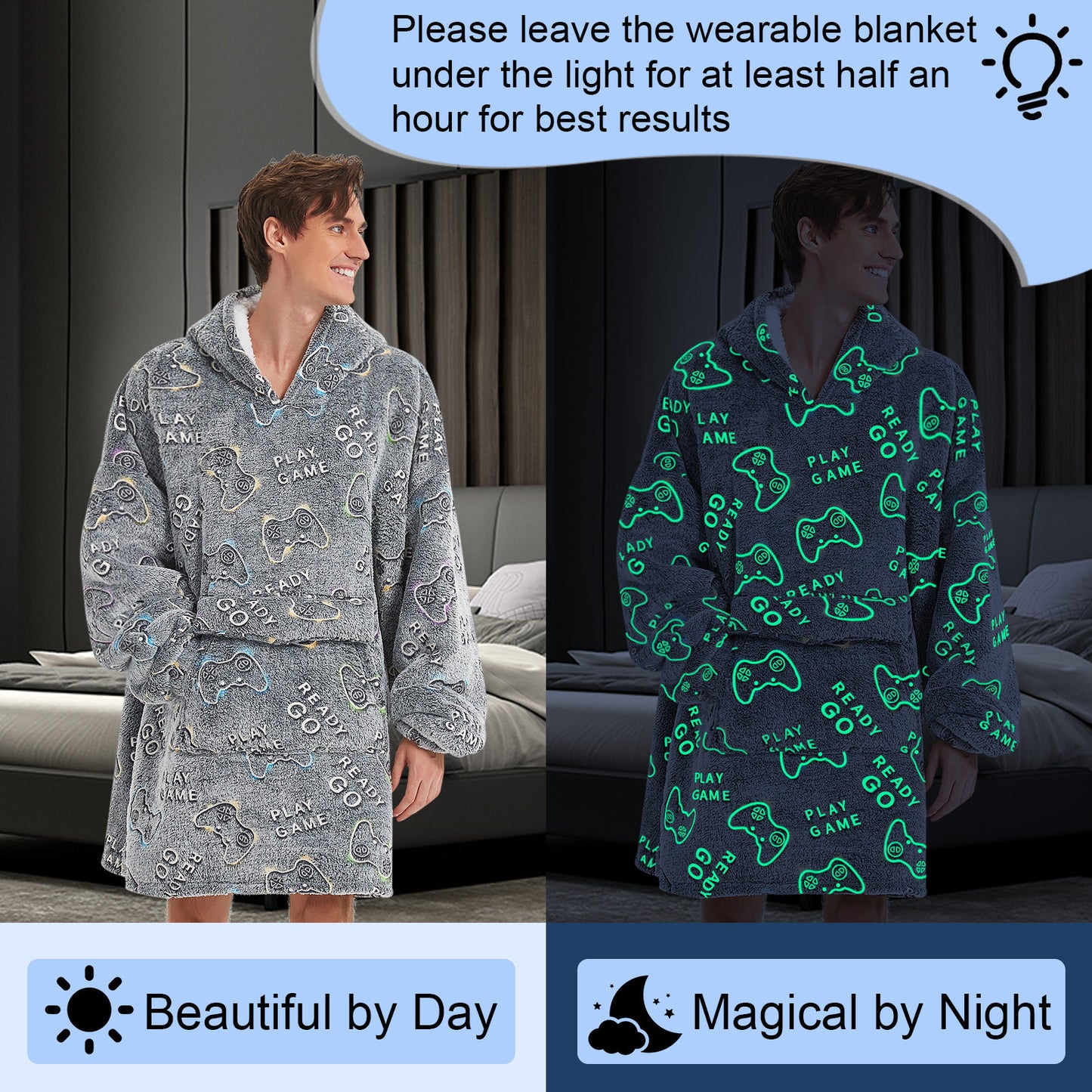 Glow in The Dark Game Controller Wearable Blanket Hoodie for Men Women,Oversized Sherpa Sweatshirt Wearable Blanket Hoodie with Giant Pocket,Super Warm Soft Flannel Hooded Blanket,Gamer