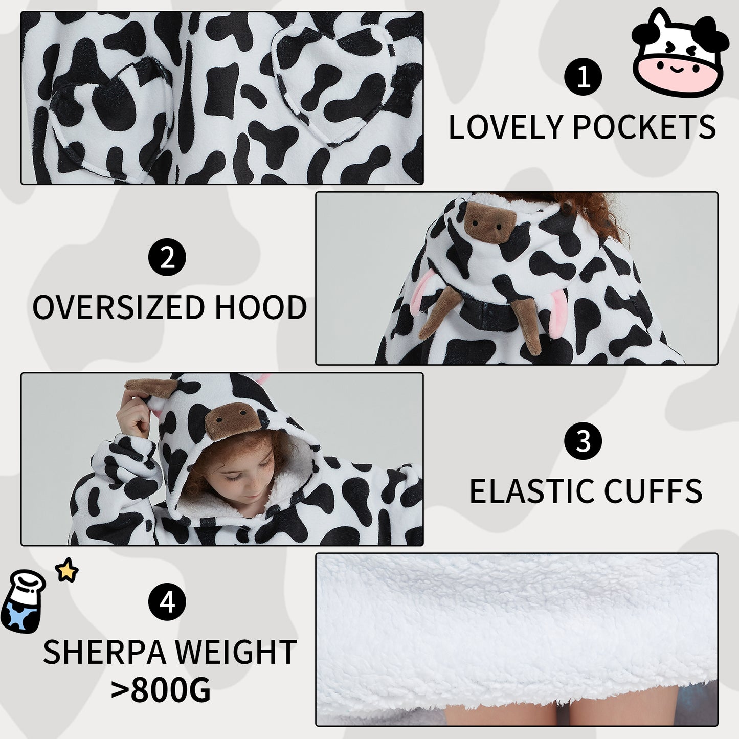 Mewkou Cow Print Wearable Blanket Hoodie for Kids 6-13YR,Oversized Sherpa Hooded Wearable Blanket Sweatshirt with Pockets,Gifts for Girls Boys Teens Birthday Christmas