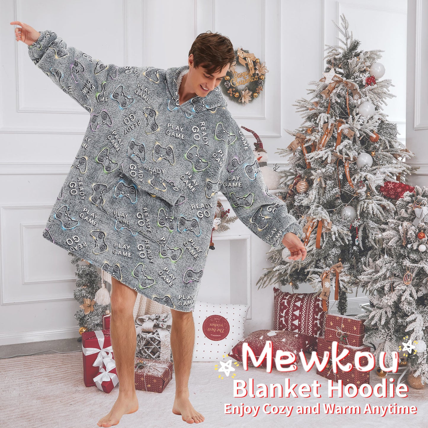Glow in The Dark Game Controller Wearable Blanket Hoodie for Men Women,Oversized Sherpa Sweatshirt Wearable Blanket Hoodie with Giant Pocket,Super Warm Soft Flannel Hooded Blanket,Gamer