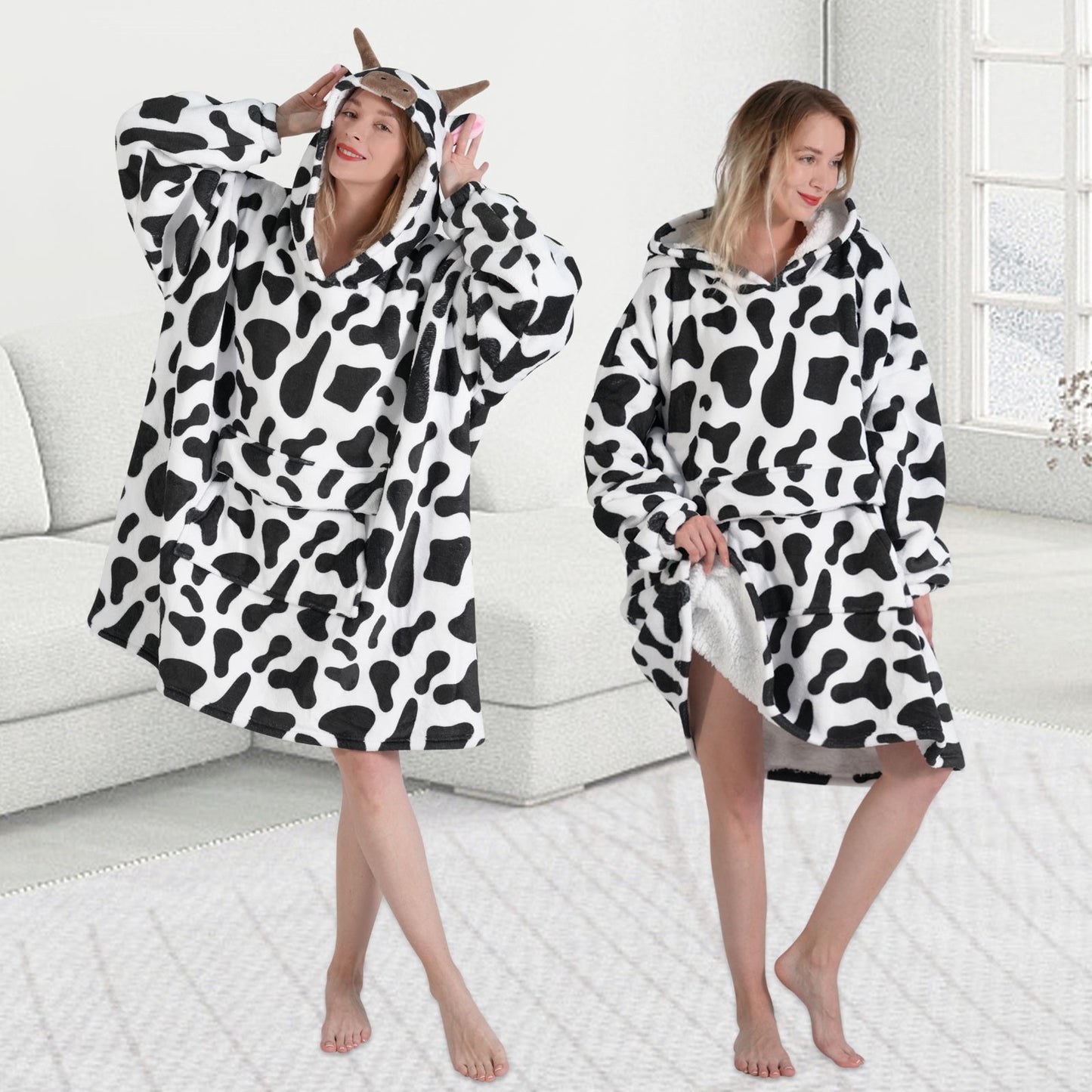 Wearable Blanket Hoodie for Adult Women Men,Oversized Sherpa Sweatshirt Wearable Blanket Hoodie with Giant Pocket,Super Warm Soft Flannel Wearable Blanket Hoodie,Cow Print