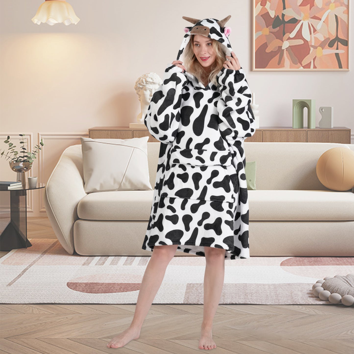 Wearable Blanket Hoodie for Adult Women Men,Oversized Sherpa Sweatshirt Wearable Blanket Hoodie with Giant Pocket,Super Warm Soft Flannel Wearable Blanket Hoodie,Cow Print