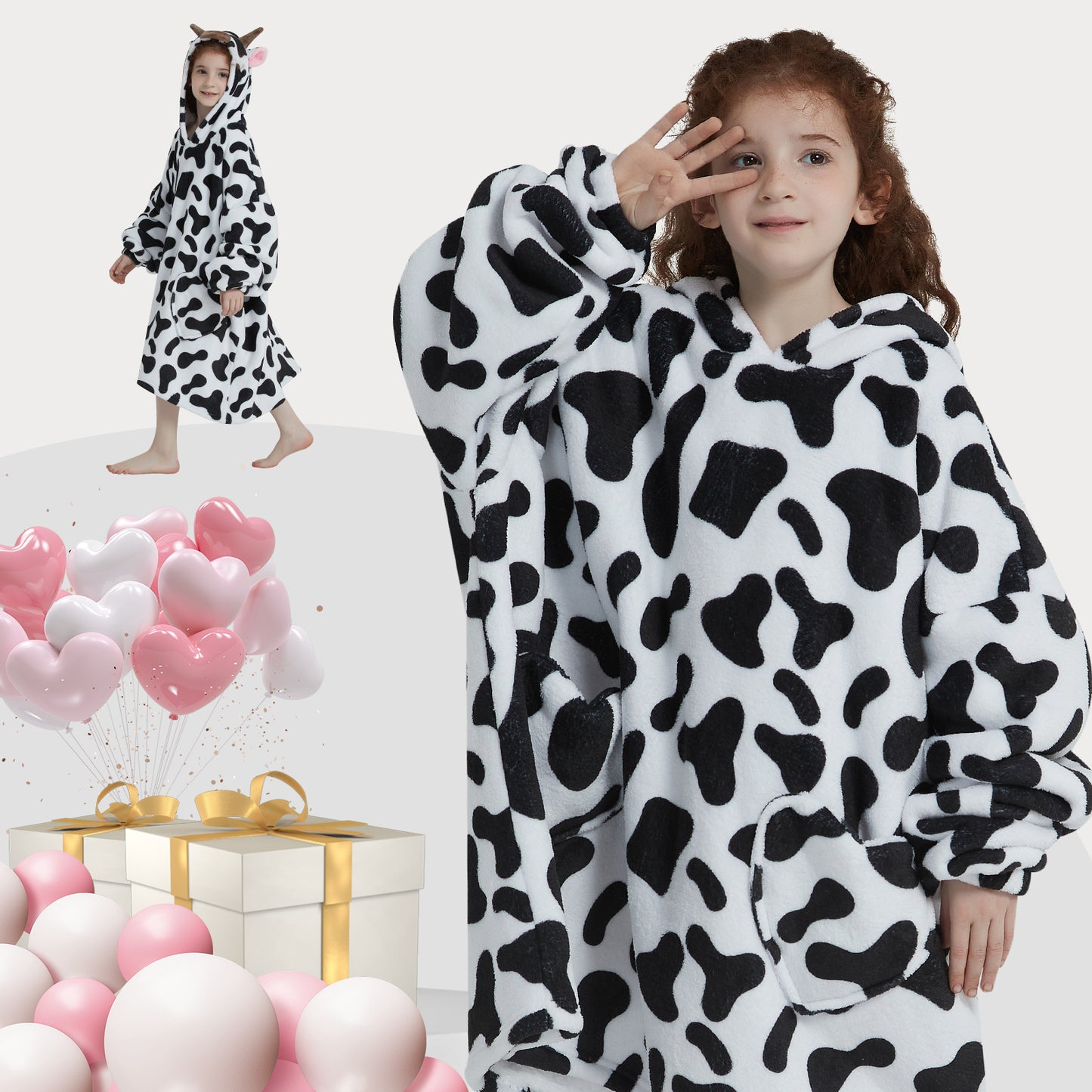 Mewkou Cow Print Wearable Blanket Hoodie for Kids 6-13YR,Oversized Sherpa Hooded Wearable Blanket Sweatshirt with Pockets,Gifts for Girls Boys Teens Birthday Christmas