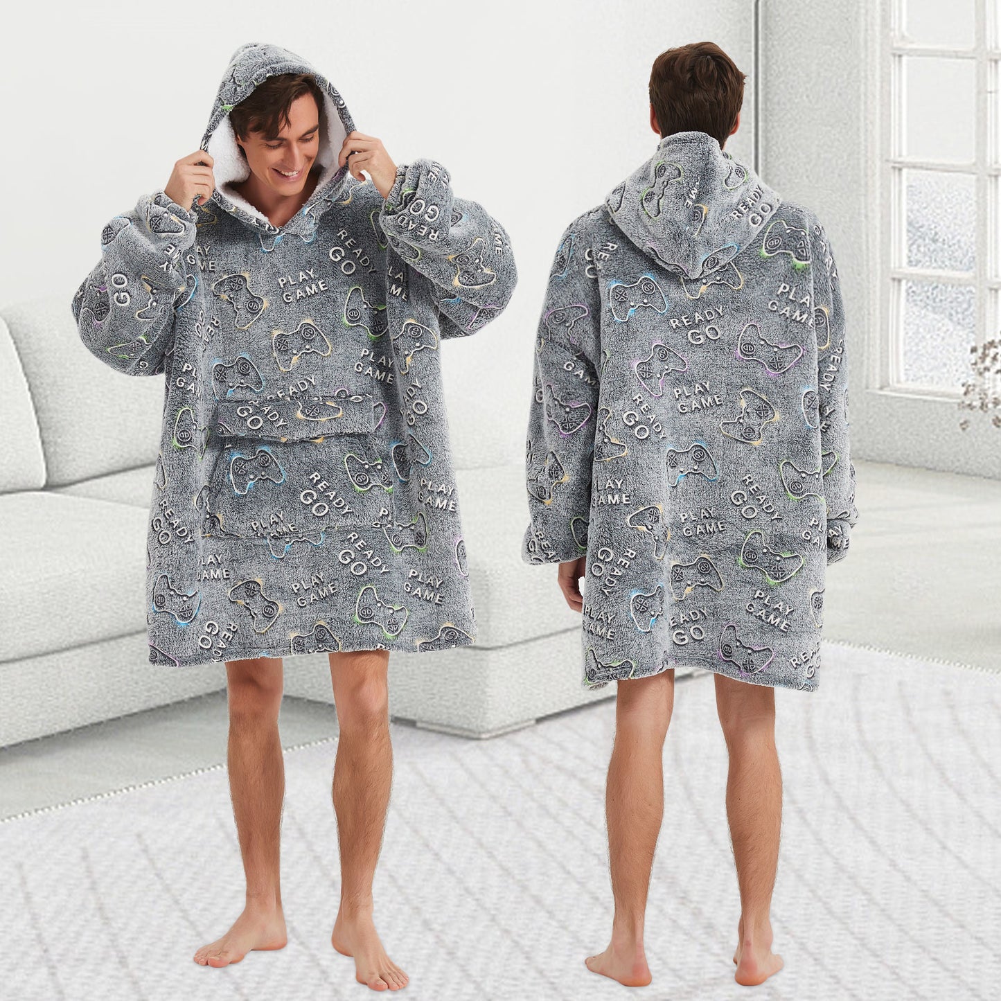 Glow in The Dark Game Controller Wearable Blanket Hoodie for Men Women,Oversized Sherpa Sweatshirt Wearable Blanket Hoodie with Giant Pocket,Super Warm Soft Flannel Hooded Blanket,Gamer