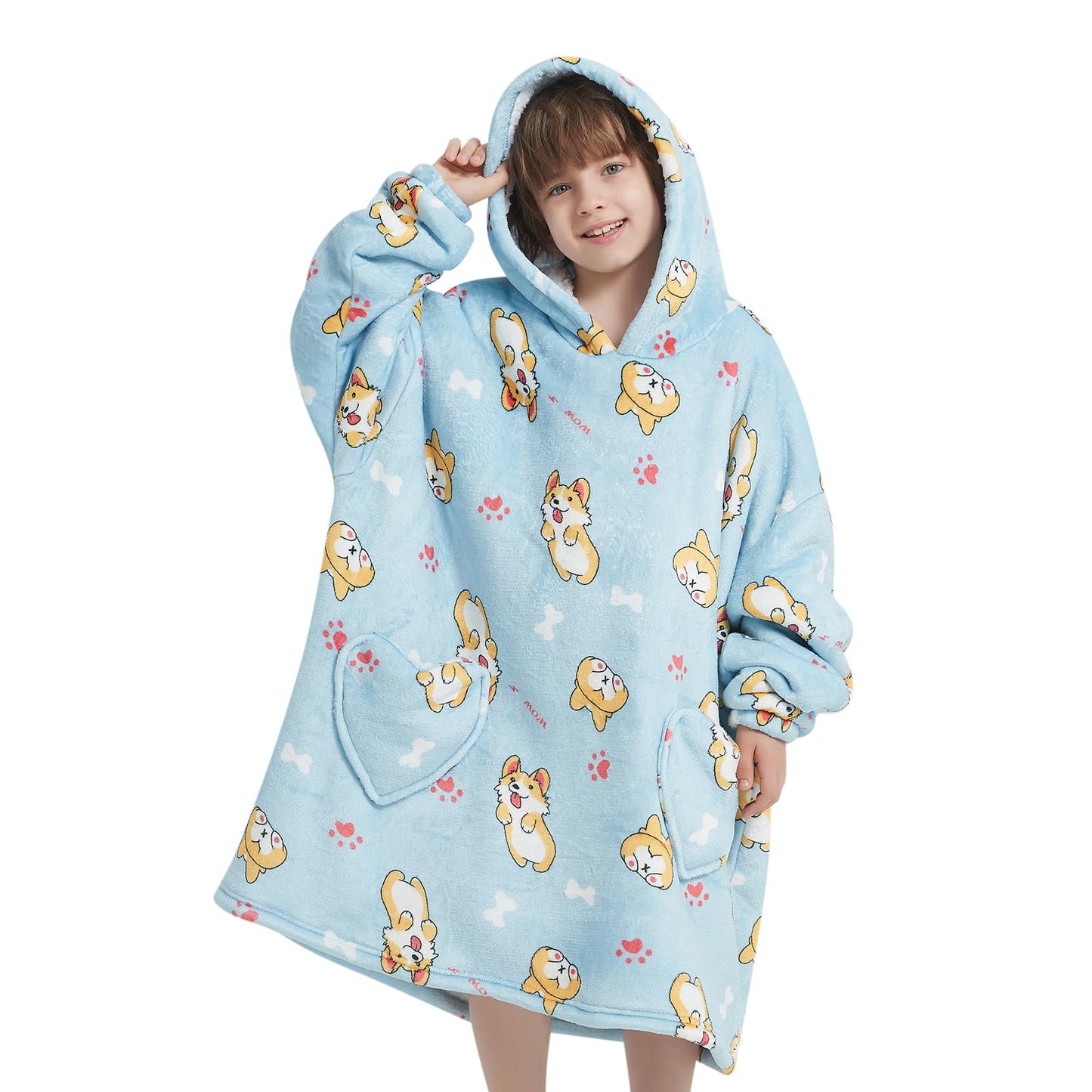 Mewkou Dogs Wearable Blanket Hoodie for Kids 6-13YR,Oversized Sherpa Hooded Wearable Blanket Sweatshirt with Pockets,Gifts for Girls Boys Teens Birthday Christmas,Corgi