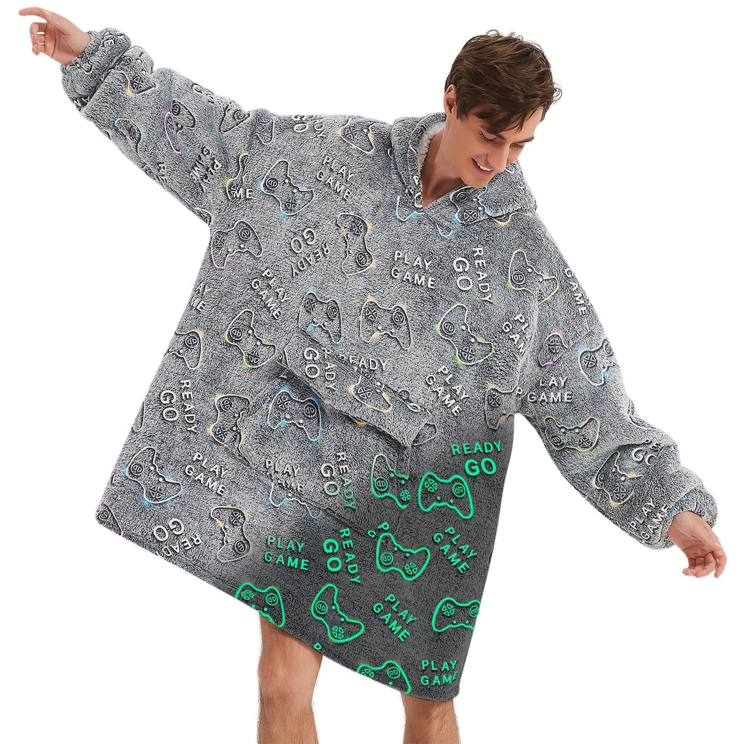 Glow in The Dark Game Controller Wearable Blanket Hoodie for Men Women,Oversized Sherpa Sweatshirt Wearable Blanket Hoodie with Giant Pocket,Super Warm Soft Flannel Hooded Blanket,Gamer