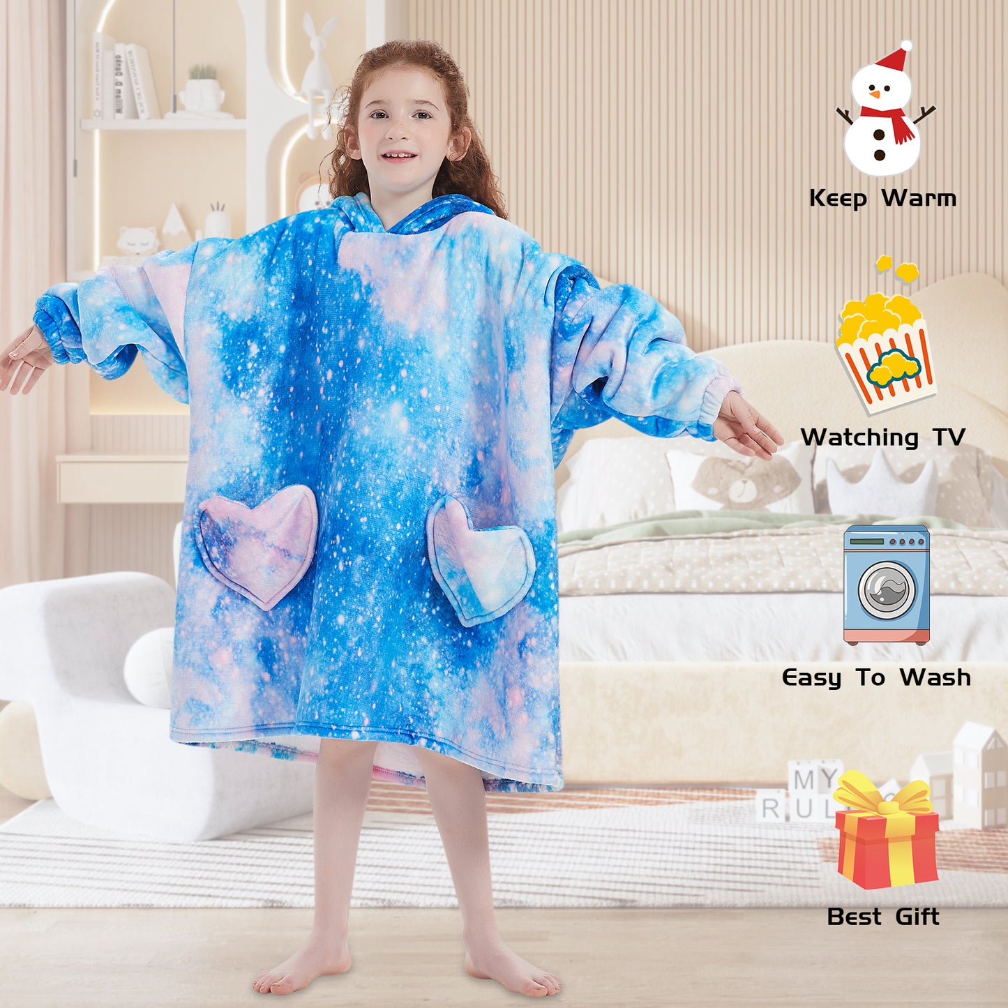 Mewkou Wearable Blanket Hoodie for Kids 6-13YR,Oversized Sherpa Wearable Blanket Hoodie with Pockets,Gifts for Girls Boys Teens Birthday Christmas,Galaxy