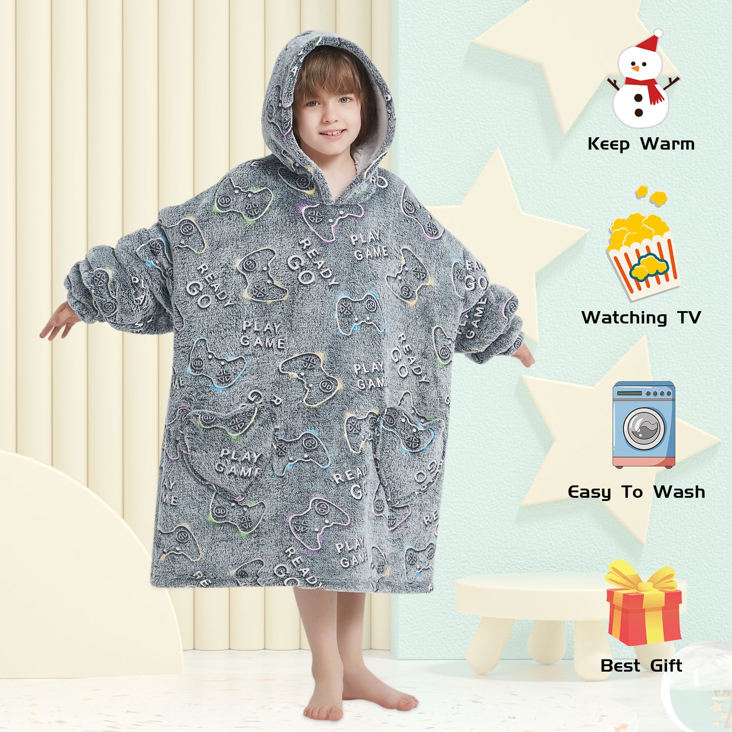 Mewkou Glow in The Dark Game Controller Wearable Blanket Hoodie for Kids 6-13YR,Oversized Hooded Wearable Blanket Hoodie with Pockets,Gifts for Kids Boys Teens Birthday Christmas,Gamer