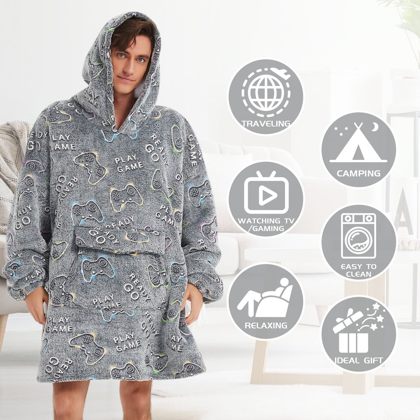 Glow in The Dark Game Controller Wearable Blanket Hoodie for Men Women,Oversized Sherpa Sweatshirt Wearable Blanket Hoodie with Giant Pocket,Super Warm Soft Flannel Hooded Blanket,Gamer