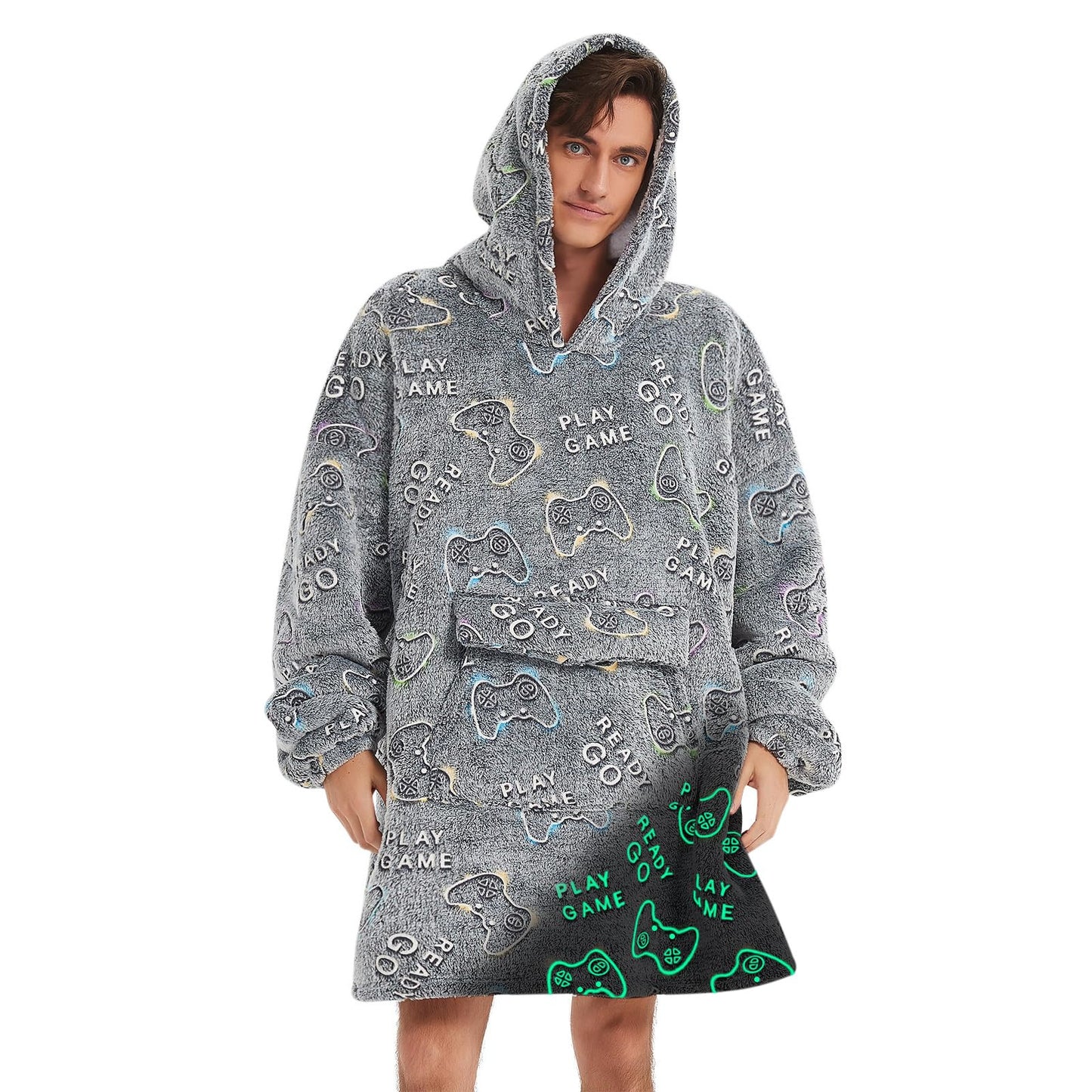 Glow in The Dark Game Controller Wearable Blanket Hoodie for Men Women,Oversized Sherpa Sweatshirt Wearable Blanket Hoodie with Giant Pocket,Super Warm Soft Flannel Hooded Blanket,Gamer
