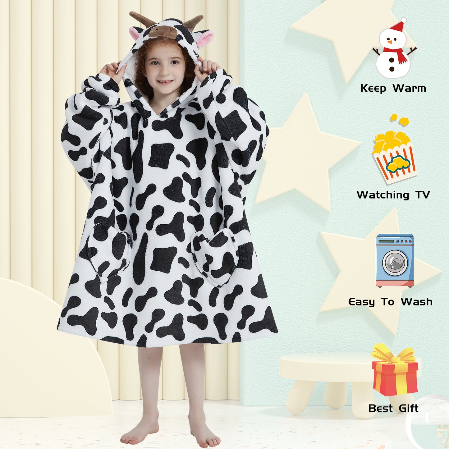 Mewkou Cow Print Wearable Blanket Hoodie for Kids 6-13YR,Oversized Sherpa Hooded Wearable Blanket Sweatshirt with Pockets,Gifts for Girls Boys Teens Birthday Christmas