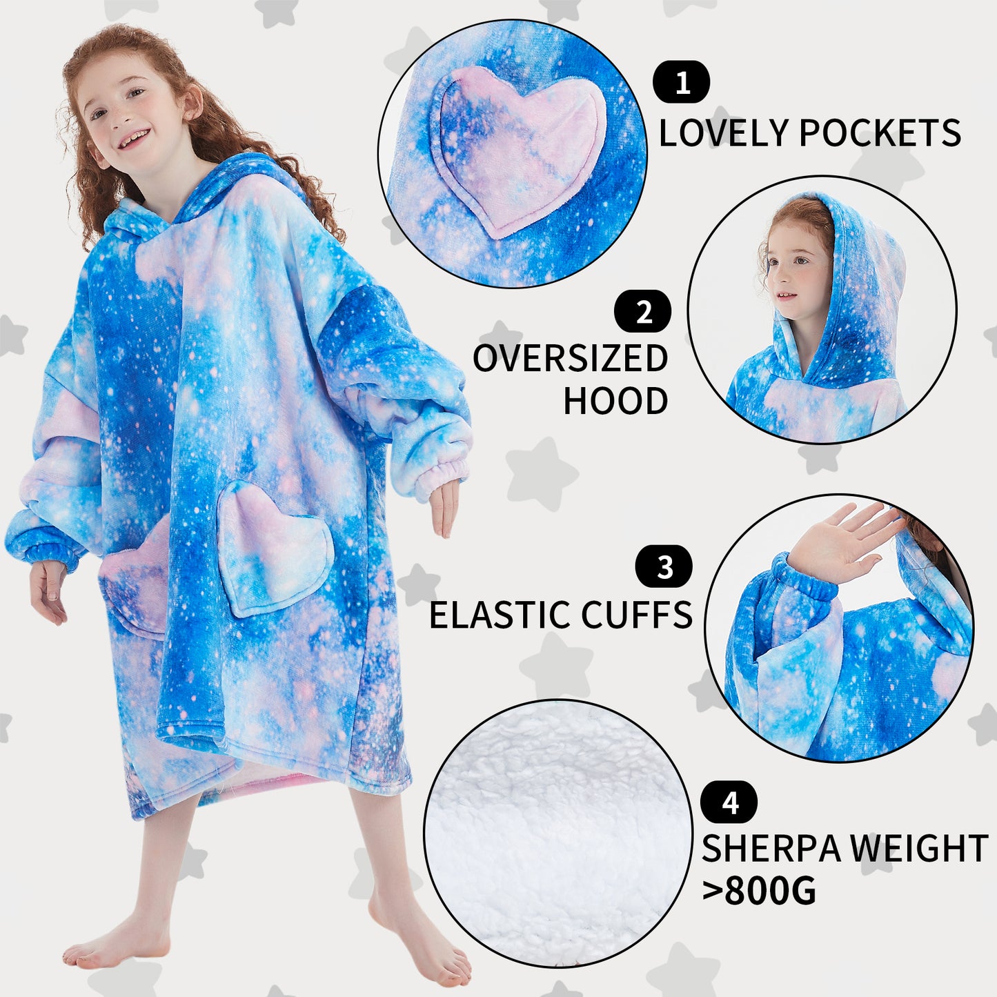 Mewkou Wearable Blanket Hoodie for Kids 6-13YR,Oversized Sherpa Wearable Blanket Hoodie with Pockets,Gifts for Girls Boys Teens Birthday Christmas,Galaxy