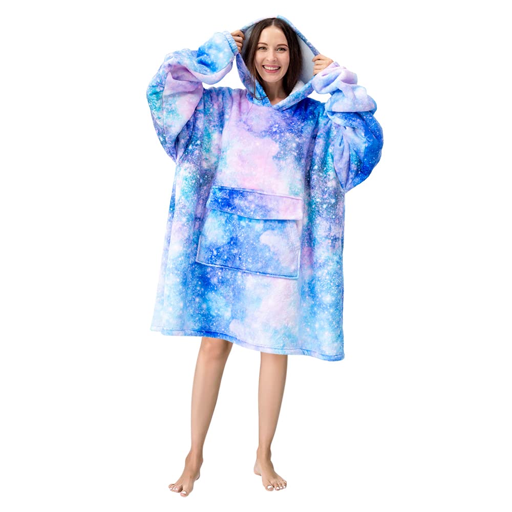 Mewkou Wearable Blanket Hoodie for Adult Women Men,Oversized Sherpa Sweatshirt Wearable Blanket with Giant Pocket,Super Warm Soft Flannel Hooded Blanket,Galaxy