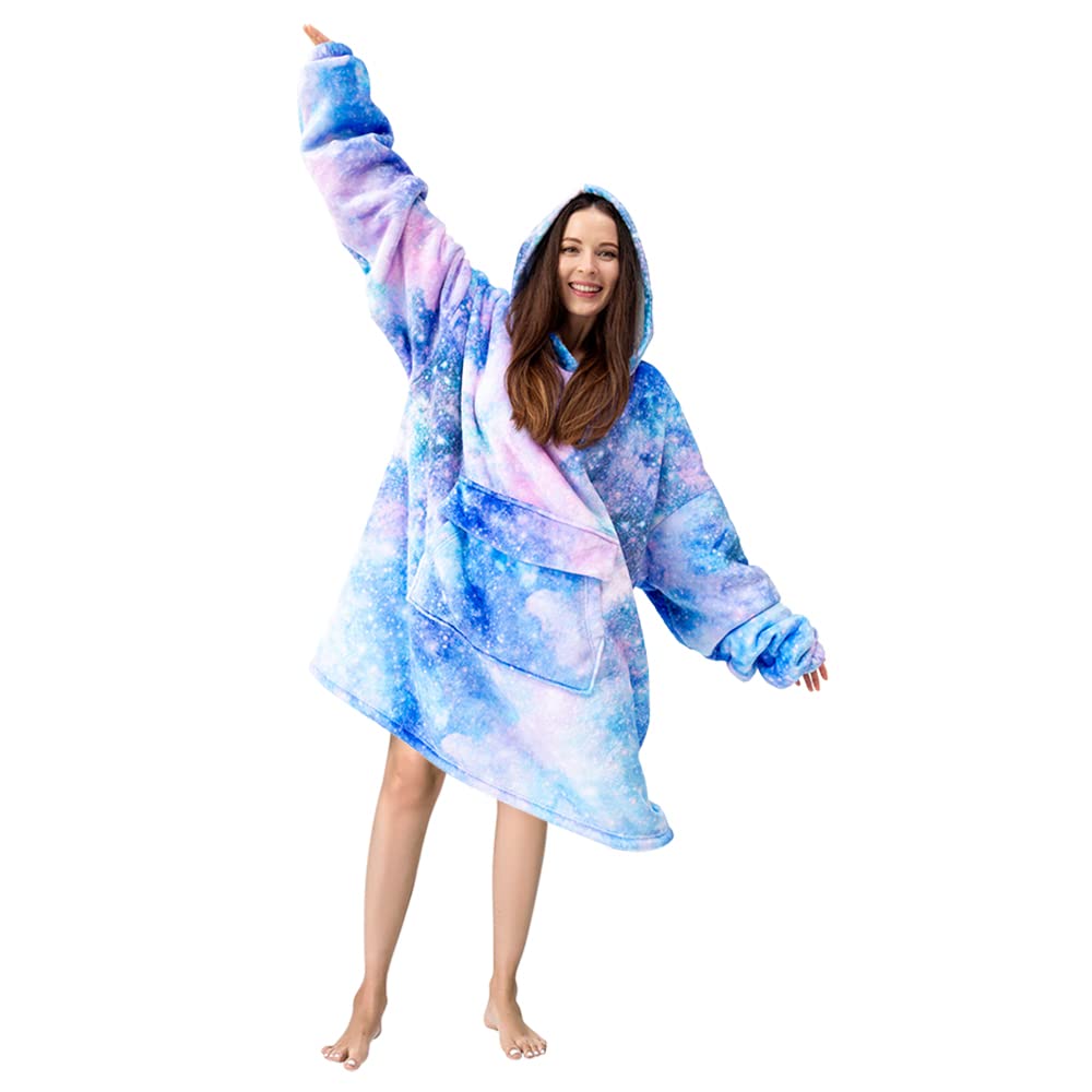 Mewkou Wearable Blanket Hoodie for Adult Women Men,Oversized Sherpa Sweatshirt Wearable Blanket with Giant Pocket,Super Warm Soft Flannel Hooded Blanket,Galaxy