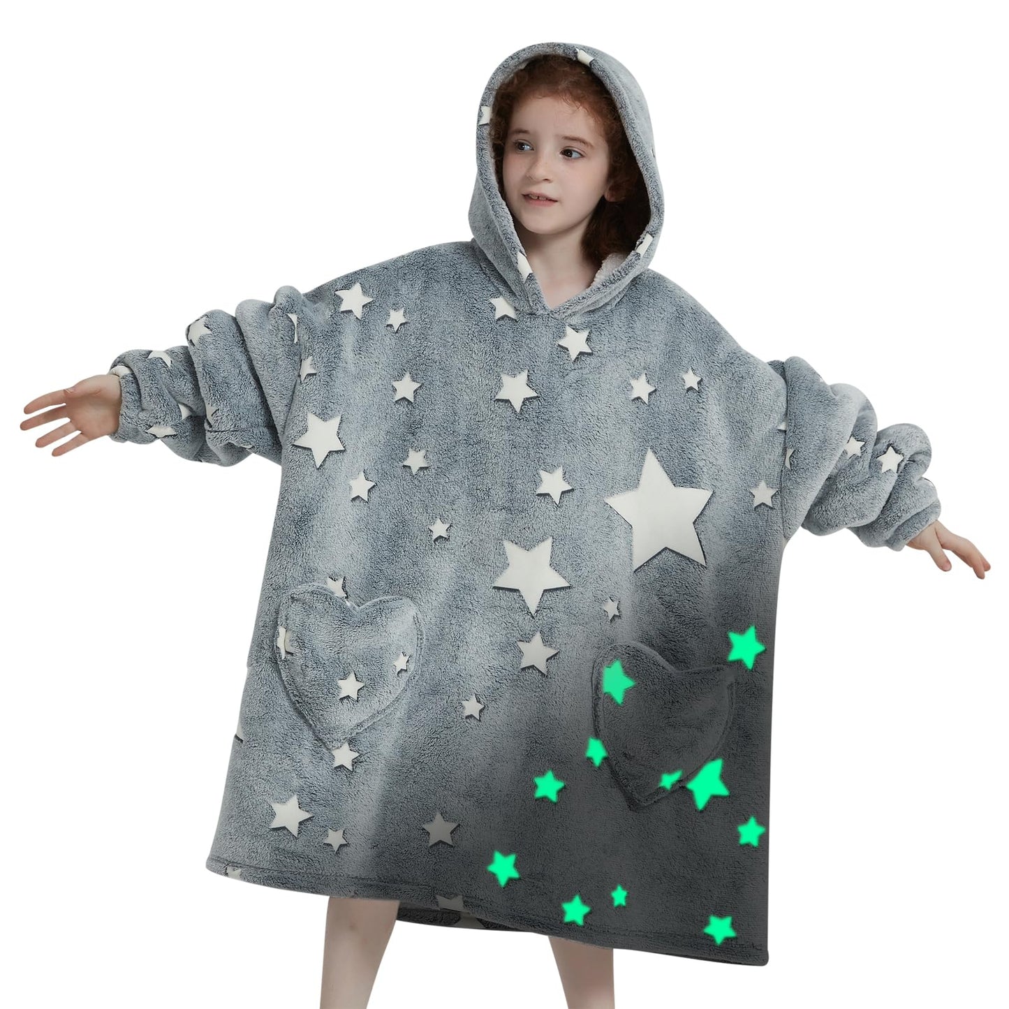 Mewkou Glow in The Dark Wearable Blanket Hoodie for Kids 7-14YR,Oversized Hooded Wearable Blanket Sweatshirt with Pockets,Luminous Star