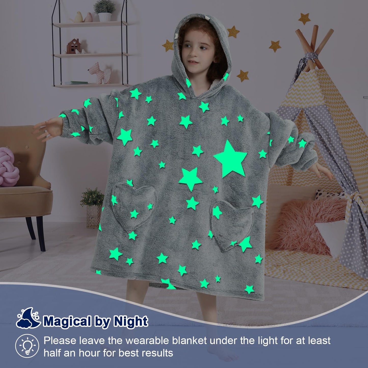 Mewkou Glow in The Dark Wearable Blanket Hoodie for Kids 7-14YR,Oversized Hooded Wearable Blanket Sweatshirt with Pockets,Luminous Star