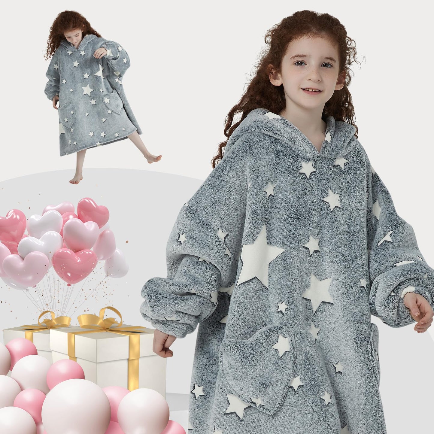 Mewkou Glow in The Dark Wearable Blanket Hoodie for Kids 7-14YR,Oversized Hooded Wearable Blanket Sweatshirt with Pockets,Luminous Star