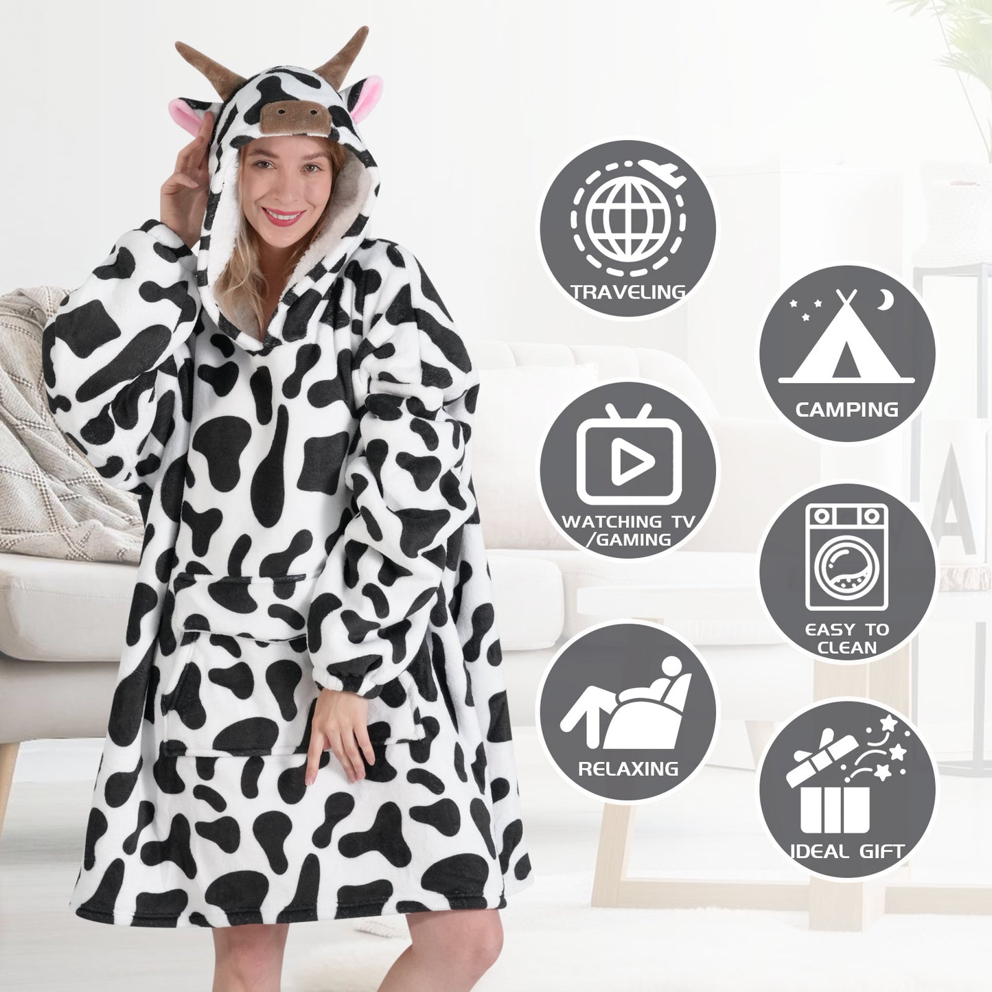 Wearable Blanket Hoodie for Adult Women Men,Oversized Sherpa Sweatshirt Wearable Blanket Hoodie with Giant Pocket,Super Warm Soft Flannel Wearable Blanket Hoodie,Cow Print