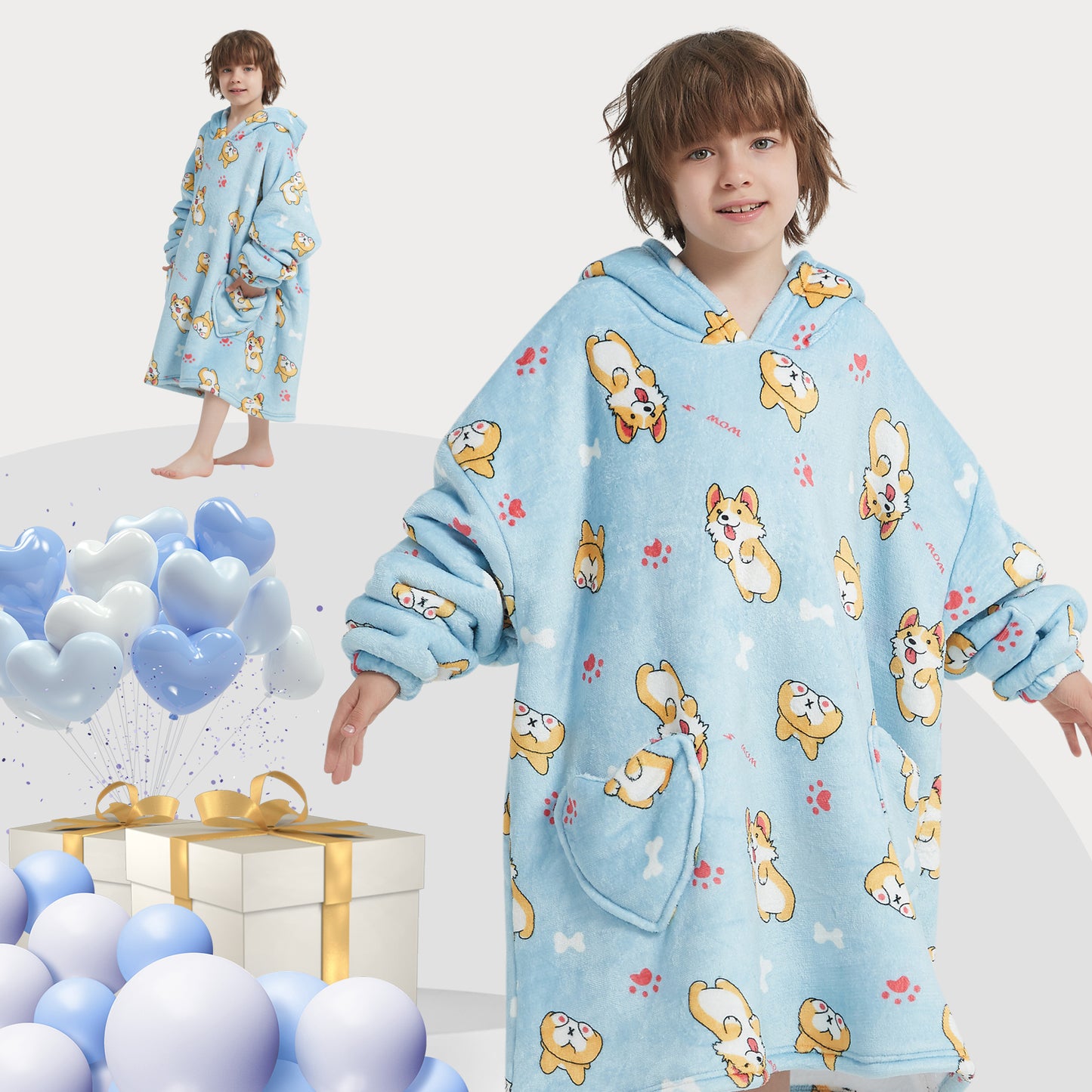 Mewkou Dogs Wearable Blanket Hoodie for Kids 6-13YR,Oversized Sherpa Hooded Wearable Blanket Sweatshirt with Pockets,Gifts for Girls Boys Teens Birthday Christmas,Corgi