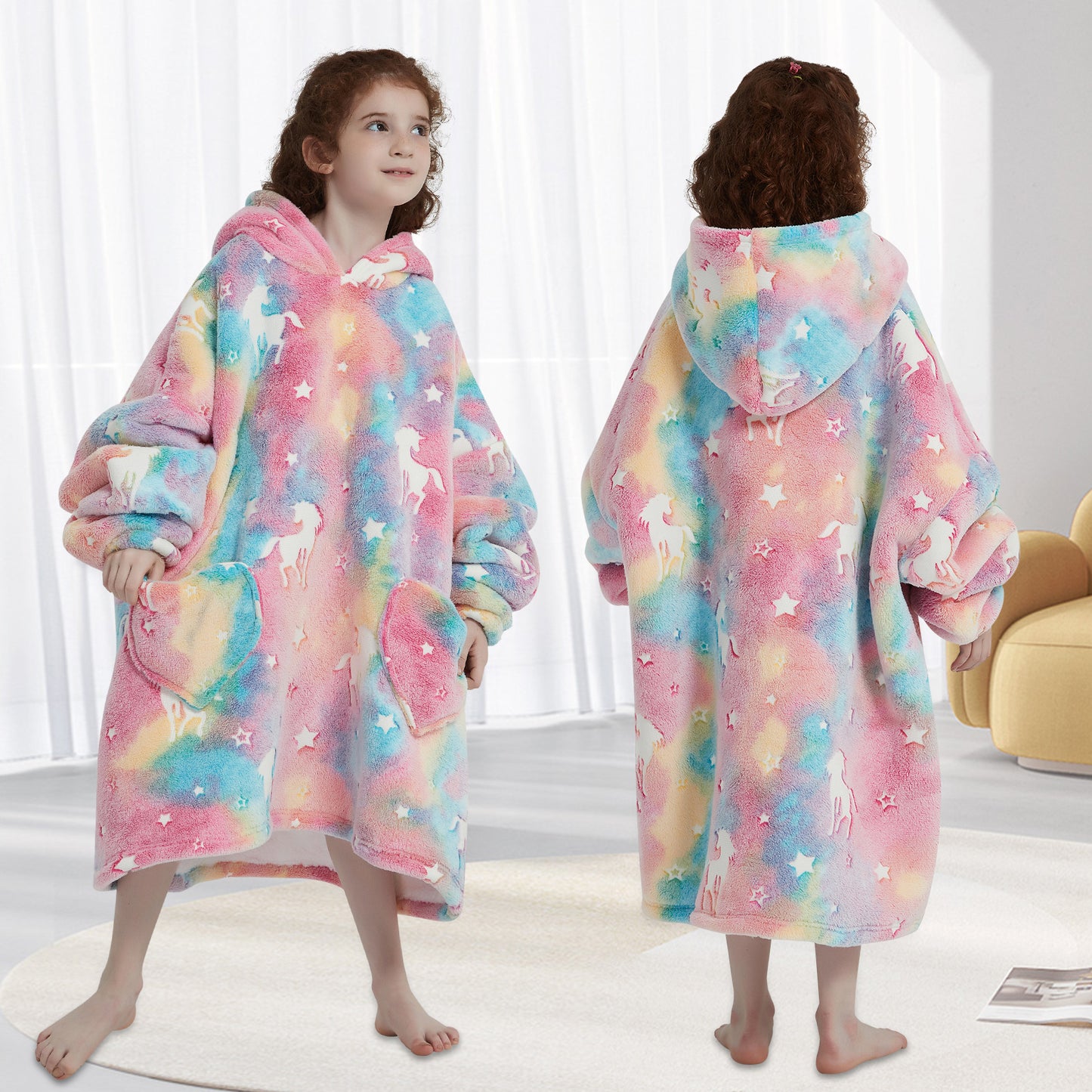 Mewkou Glow in The Dark Rainbow Unicorns Wearable Blanket Hoodie for Kids 6-13YR,Oversized Hooded Wearable Blanket Sweatshirt with Pockets,Gifts for Kids Girls Teens Birthday Christmas