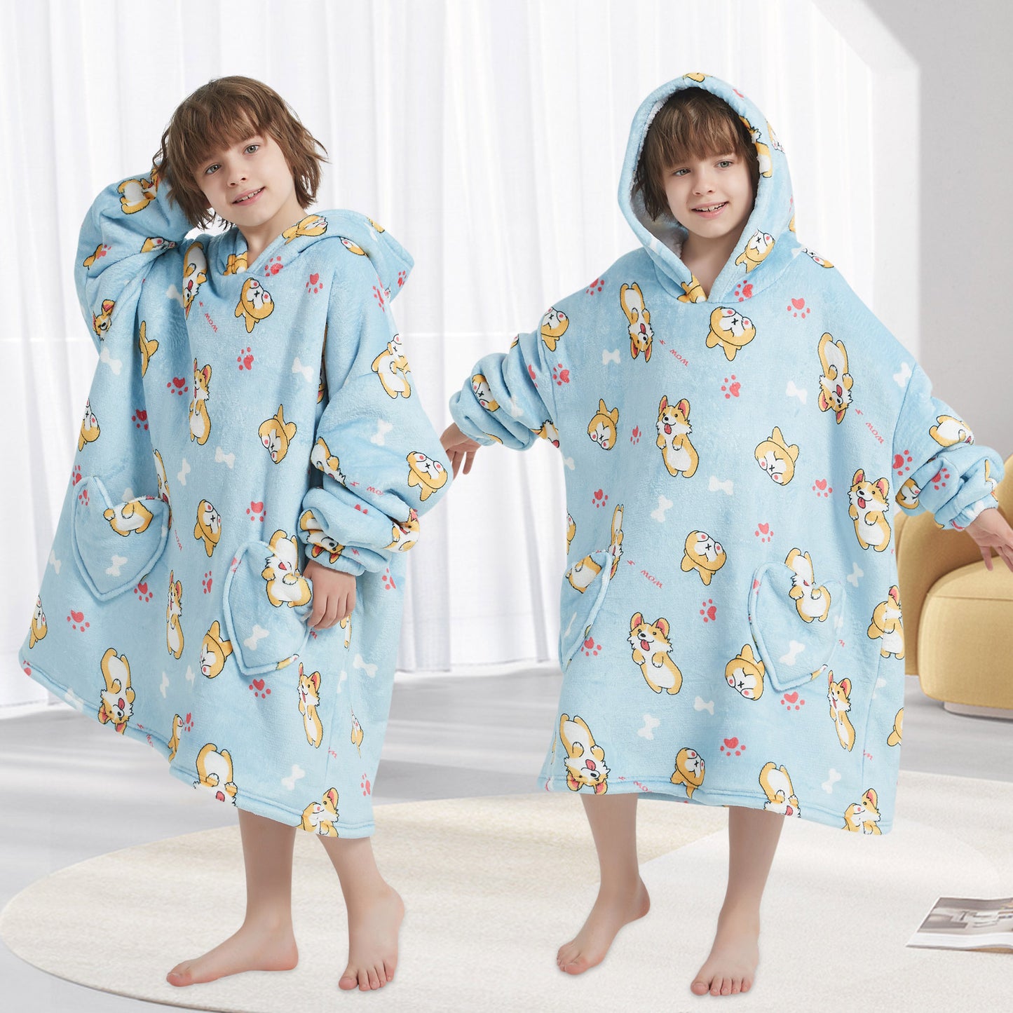 Mewkou Dogs Wearable Blanket Hoodie for Kids 6-13YR,Oversized Sherpa Hooded Wearable Blanket Sweatshirt with Pockets,Gifts for Girls Boys Teens Birthday Christmas,Corgi
