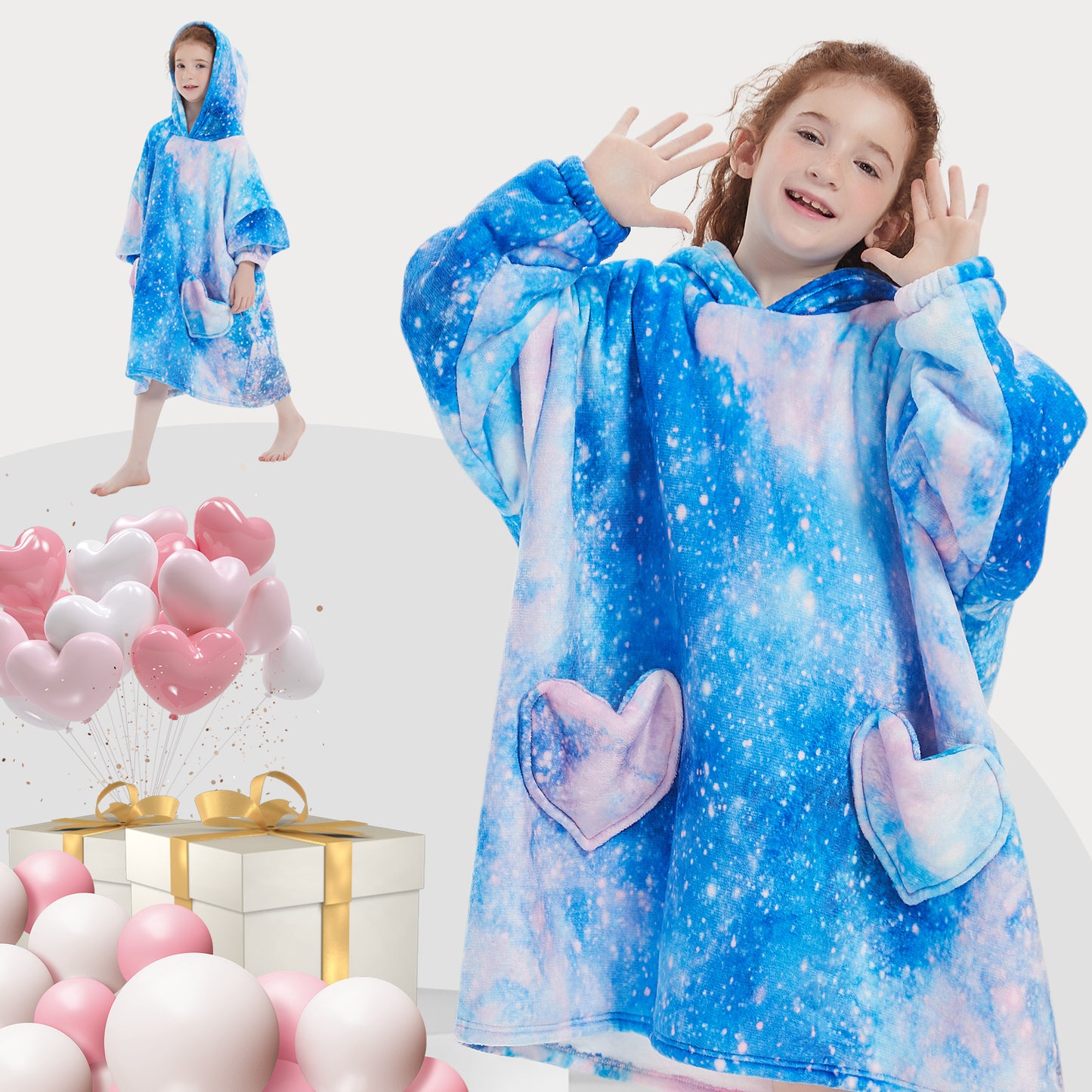 Mewkou Wearable Blanket Hoodie for Kids 6-13YR,Oversized Sherpa Wearable Blanket Hoodie with Pockets,Gifts for Girls Boys Teens Birthday Christmas,Galaxy