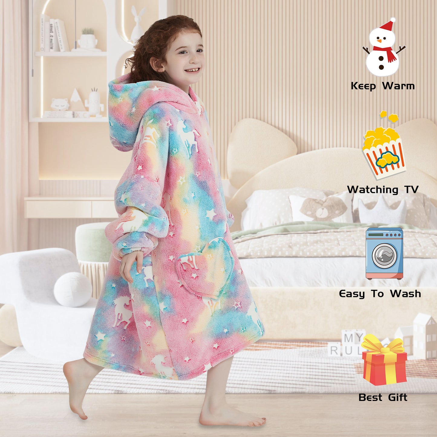 Mewkou Glow in The Dark Rainbow Unicorns Wearable Blanket Hoodie for Kids 6-13YR,Oversized Hooded Wearable Blanket Sweatshirt with Pockets,Gifts for Kids Girls Teens Birthday Christmas