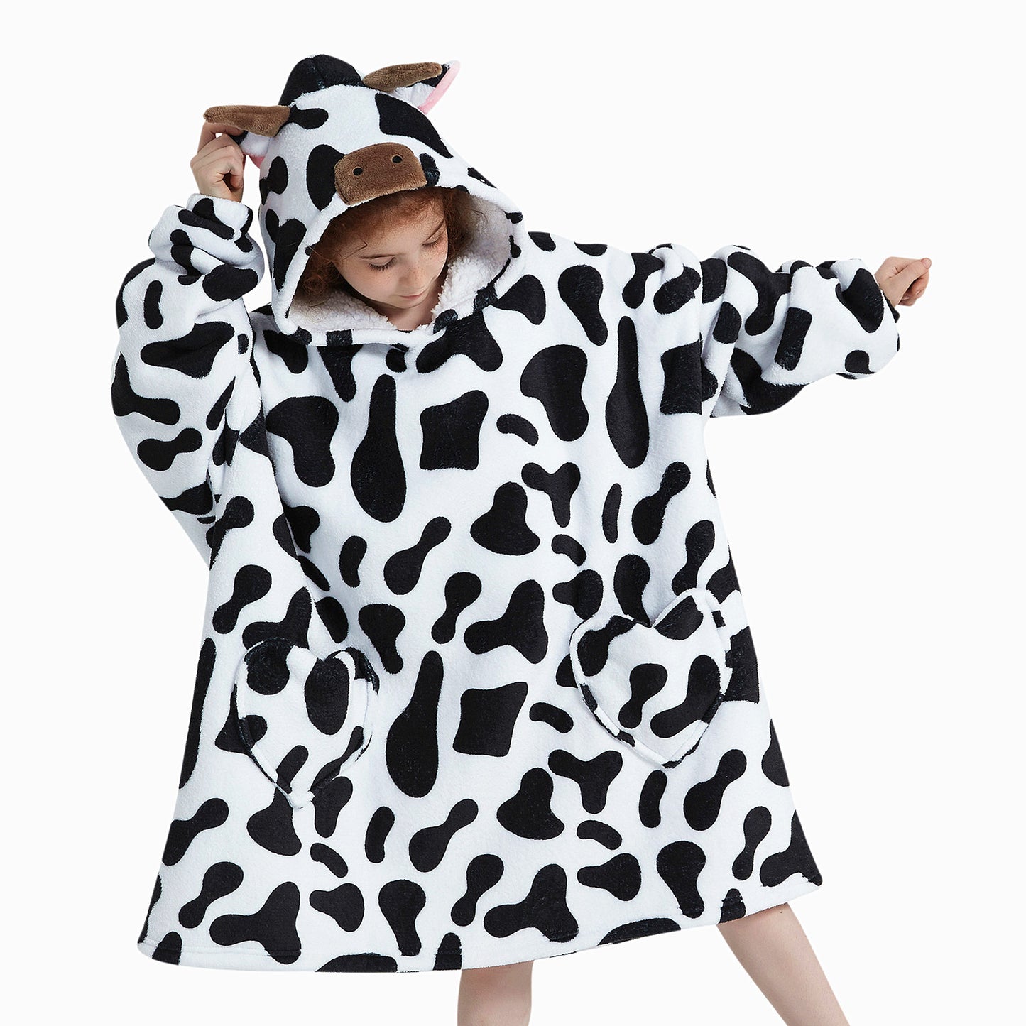 Mewkou Cow Print Wearable Blanket Hoodie for Kids 6-13YR,Oversized Sherpa Hooded Wearable Blanket Sweatshirt with Pockets,Gifts for Girls Boys Teens Birthday Christmas